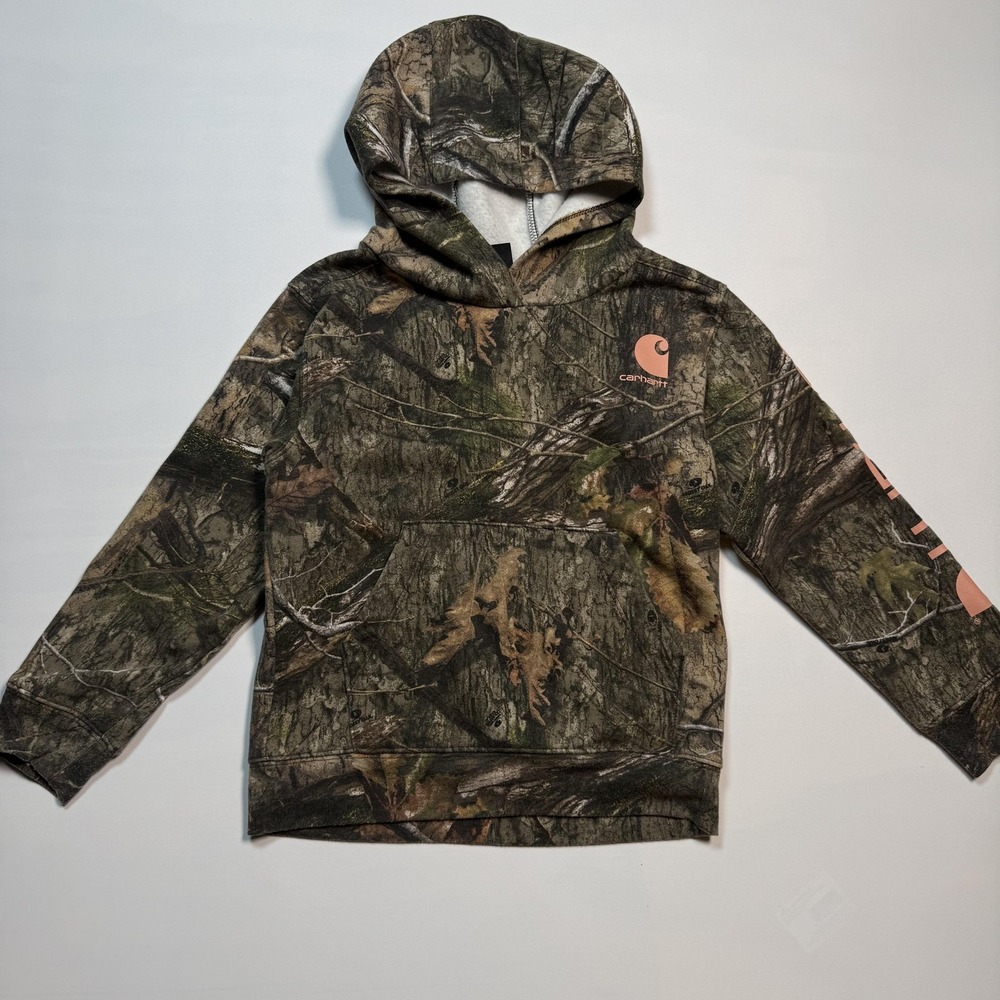 Carhartt x Mossy Oak Hoodie Boys 6 Green Camo Pullover Sweatshirt Sleeve Hunting